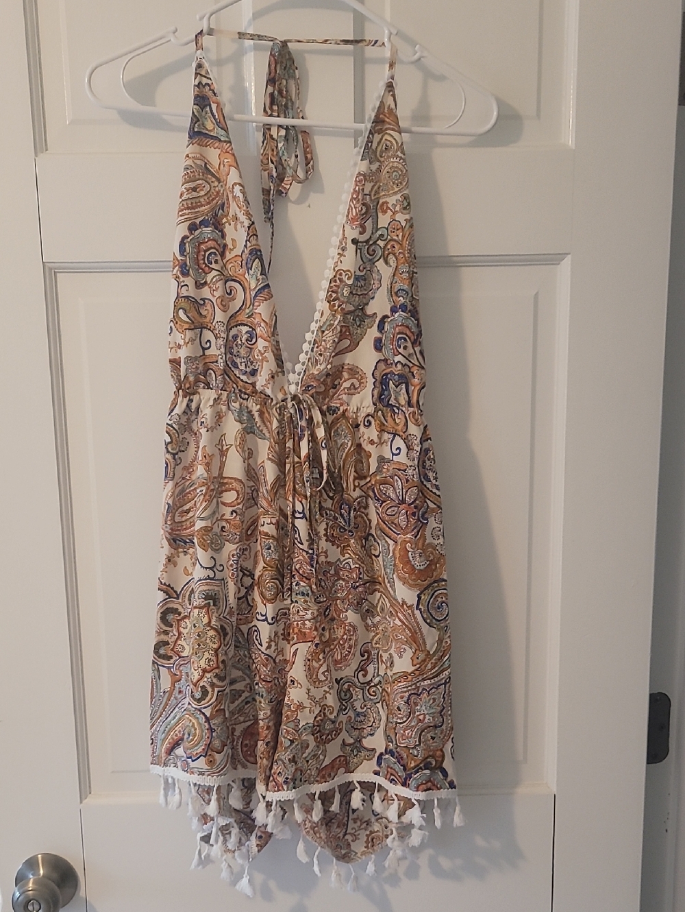 SHEIN Cream Paisley Halter Romper with Rust and Blue Accents